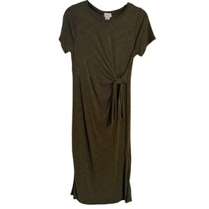 Nicole Miller New York Olive Green Ribbed Knit Tie Front Midi Dress S